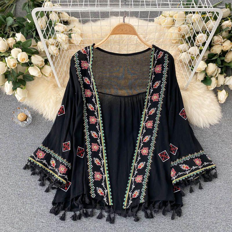 

Seaside Holiday Retro Thailand Bell Sleeve Tassel Embroidered Black All yards