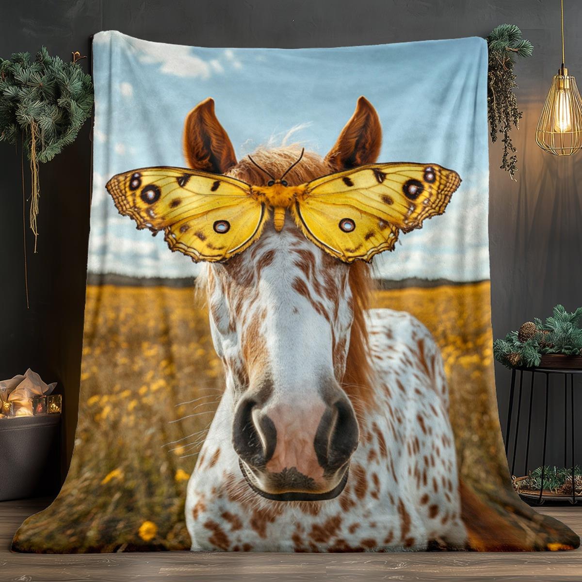 1pc Whimsical Horse with Butterfly Antlers Printed flannel blanket - Soft Flannel, All-Season Cozy Throw for Home, Travel 130x150cm51x59in