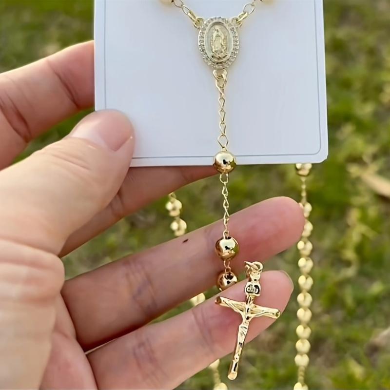 Bohemian Gold Color Round Bead Cross Pendant Necklace, Paired with Oval Engraved Portrait, Women's Retro Trendy Accessory Gift