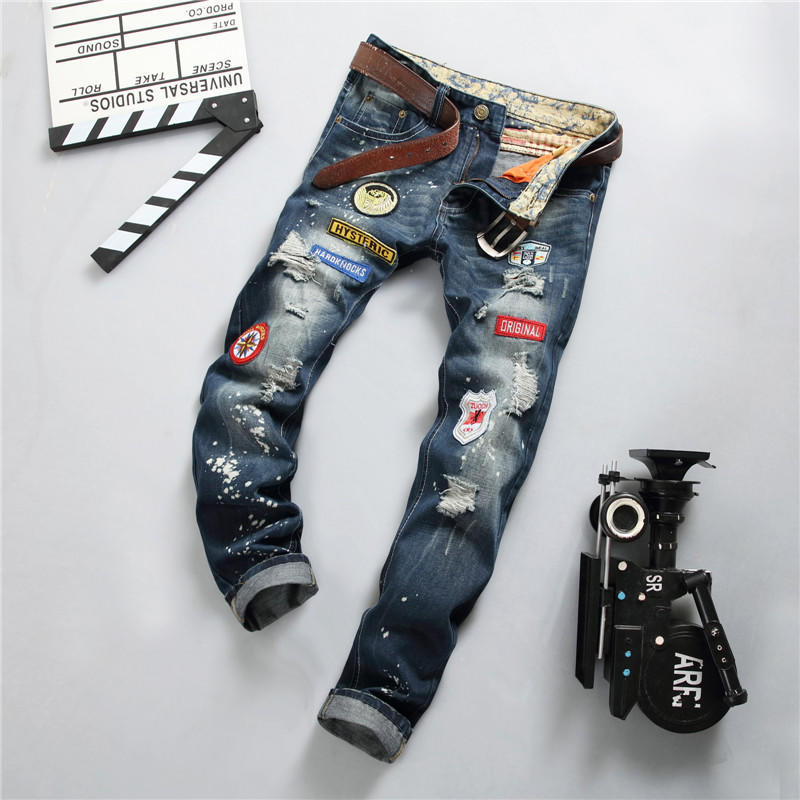 European And American Men'S Ripped Jeans Badge Straight Leg Slim Fit Jeans Splashed Ink Distressed Trendy Pants