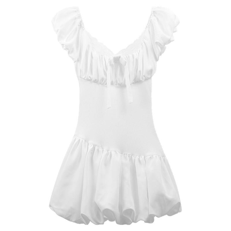 French first love girl white bubble sleeve dress female slim design bow bud short skirt summer