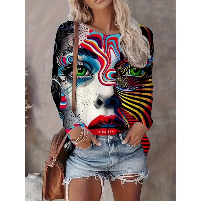 Abstract Tie-Dye 3D Digital Print Loose Fit Womens Crew Neck Long Sleeve T-Shirt Casual Comfort Top