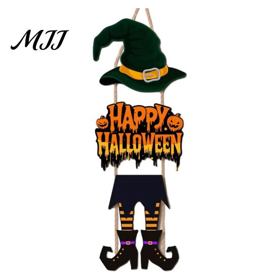 Indoor Outdoor Halloween Sign Happy Welcome Witch Legs Hat Hanging Wooden Wall Decor Durable Art Rustic Front Door Hanger for Porch Vivid Color