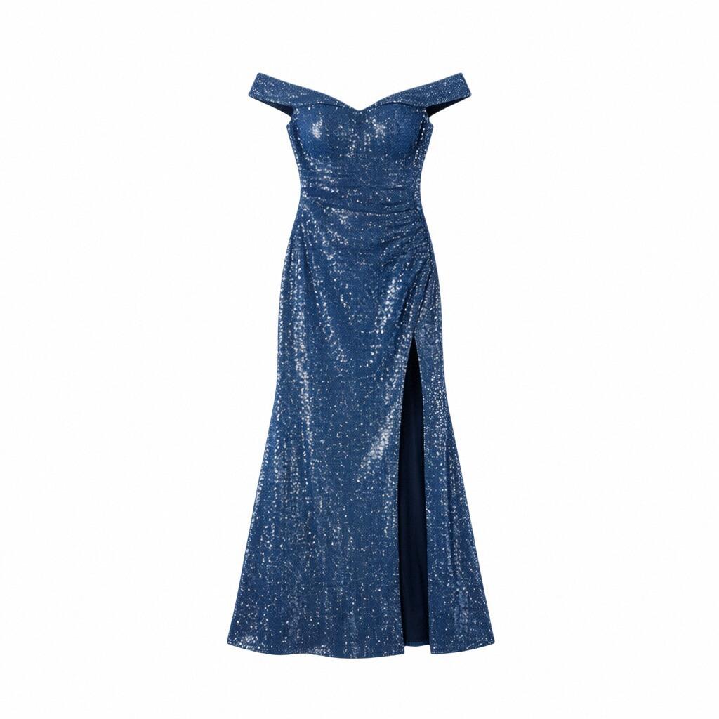 One-word shoulder blue sequined evening dress dress women's split fork harpoon tail long dress temperament banquet host long dress