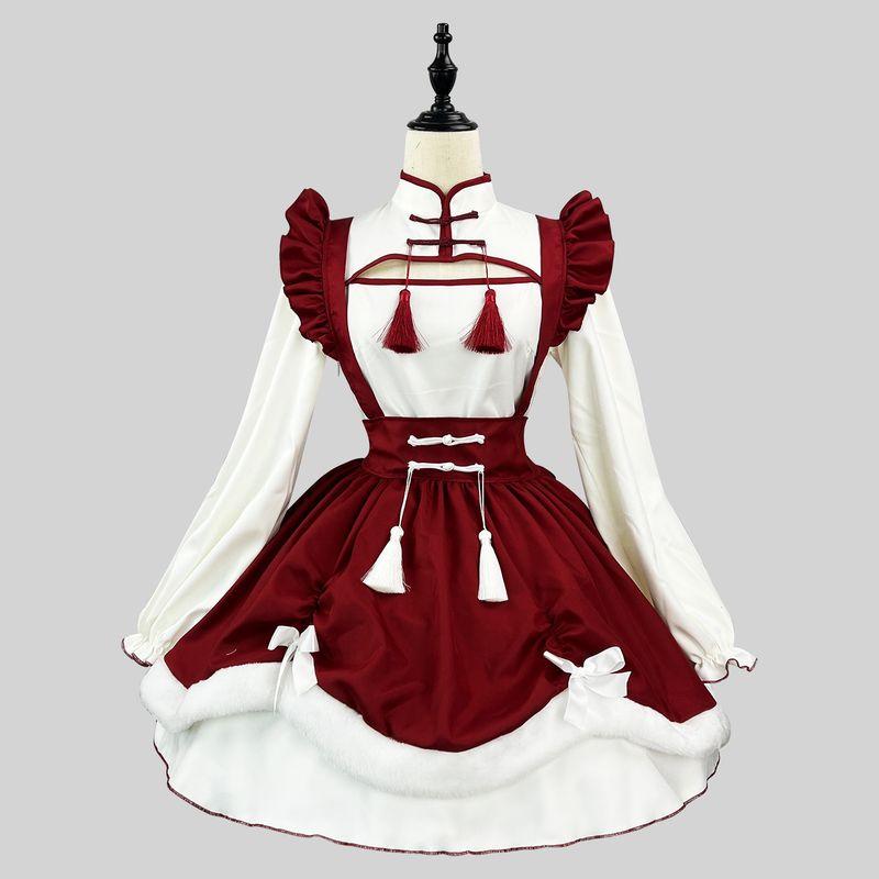 

Original Cross-Border Amazon New Year Lantern Festival Lolita Performance Maid Costume Internet Celebrity Cross-Dressing Outfit Off-White + Wine Red S