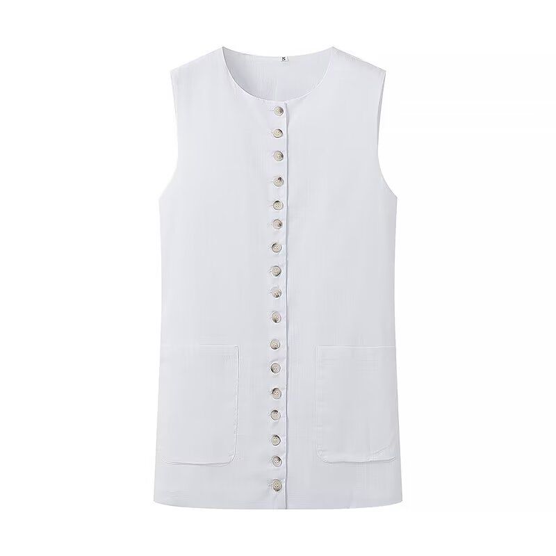 Kaslead New Arrival Women's Clothing Fashion Style Fashion All-Match Button Design round Neck Vest Top