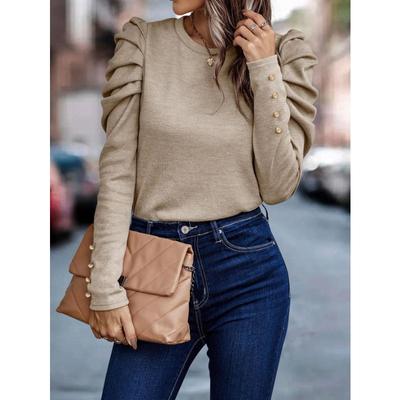Women's Autumn and Winter New Round Neck Bubble Sleeve Button Long Sleeve Top