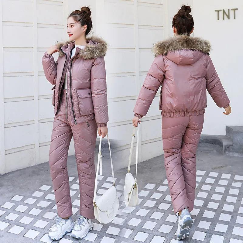 Women's Winter Solid-Color Minimalist Warm Set Thickened Hooded Coat with Large Fur Collar + Pants Two-Piece Set