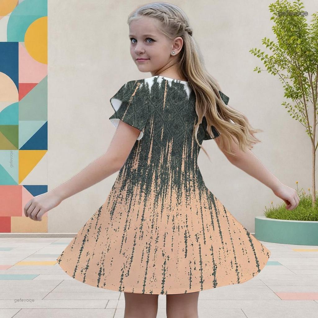 Girls Round Neck Flutter Sleeve White Gray Beige Printed A Line Flared Dress