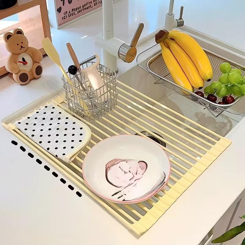 Foldable Dish Drainer With Full-Coverage Bowl Plate Tray Storage Sink Countertop Rack Cream-Coloured Roll-Up Draining Basket