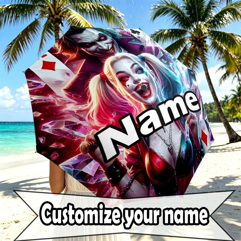 Custom Name Personalized Harley Quinn Joker Print Umbrella, Auto Open Close, 8‑Rib Sturdy Frame, Commute Camping Hiking Use, Birthday Gift