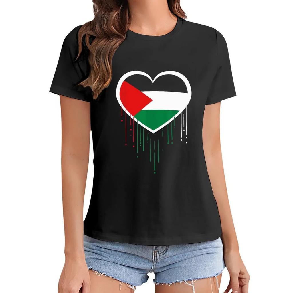 Palestine Flag Proud Palestinian Heritage Heart Premium Print T Shirt Graphic Shirt Casual Short Sleeved Female Tee T-Shirt