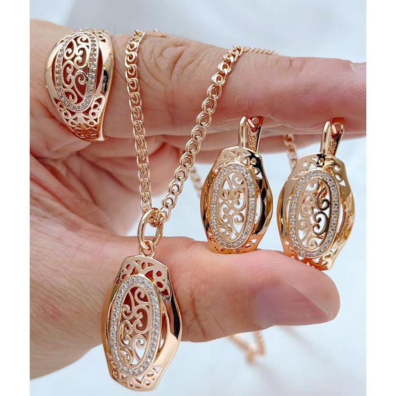 Kinel 585 Rose Gold Ethnic Bride Ring Earrings Necklace for Women Hollow Pattern Natural Zircon Daily Fine Jewelry Set
