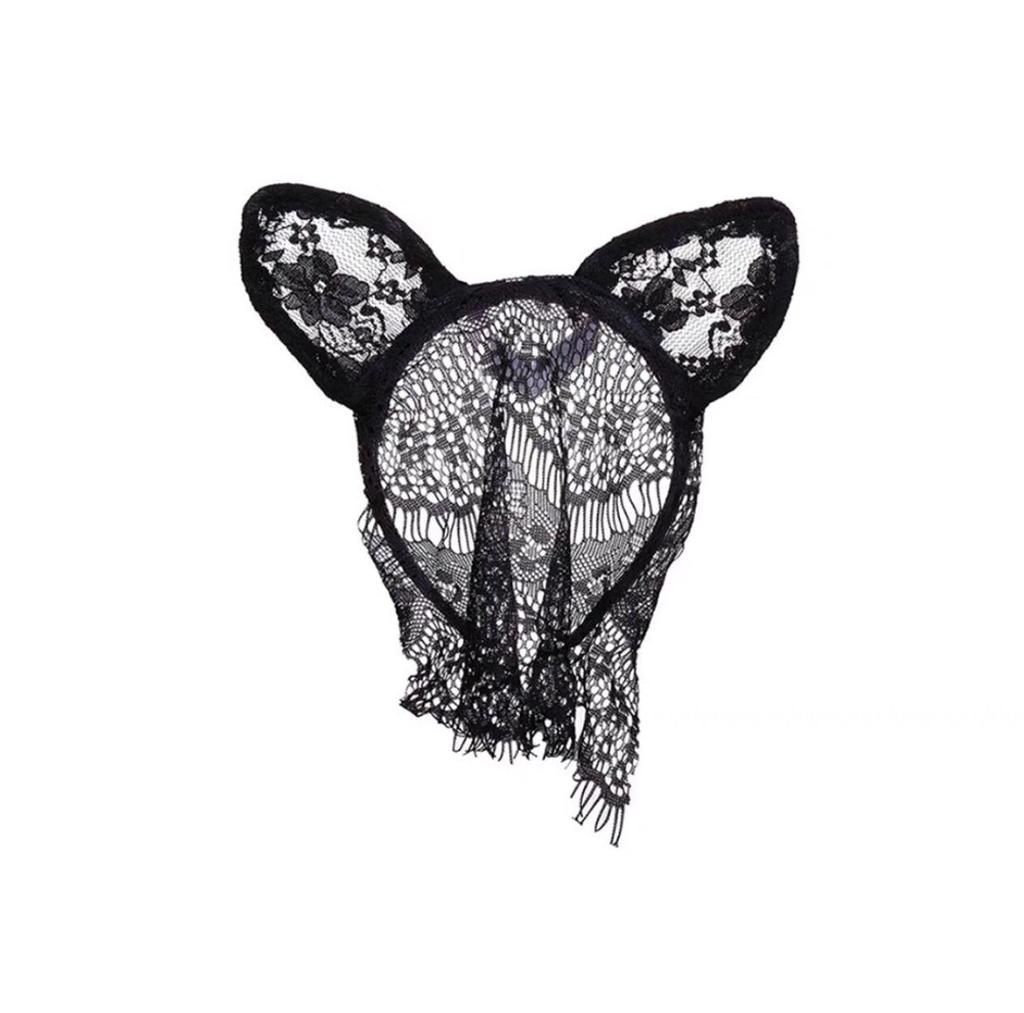Bentiță neagră din dantelă pentru urechi de pisică cu mască pentru ochi - accesoriu de păr pentru Halloween