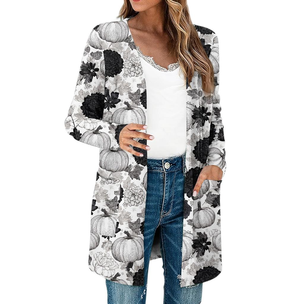 Women's Lightweight Long Sleeve Open Front Cardigans Long Sleeve Lightweight Vintage Printed Coat With Pockets