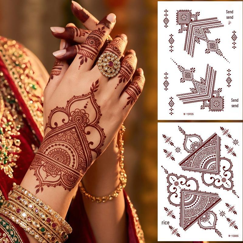 Tatuaggio pizzo a forma di croce marrone-rosso all'henné: Adesivo Floreale Impermeabile Mehndi per la Mano della Sposa.
