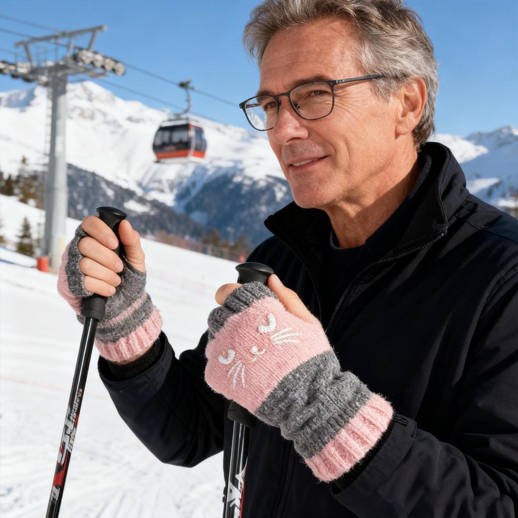 Winterhandschuhe Halbfinger Fahrhandschuhe Gestrickte Fingerlose Handschuhe Katzenstickerei Outdoor Handwärmer Warme Offene Fingerhandschuhe