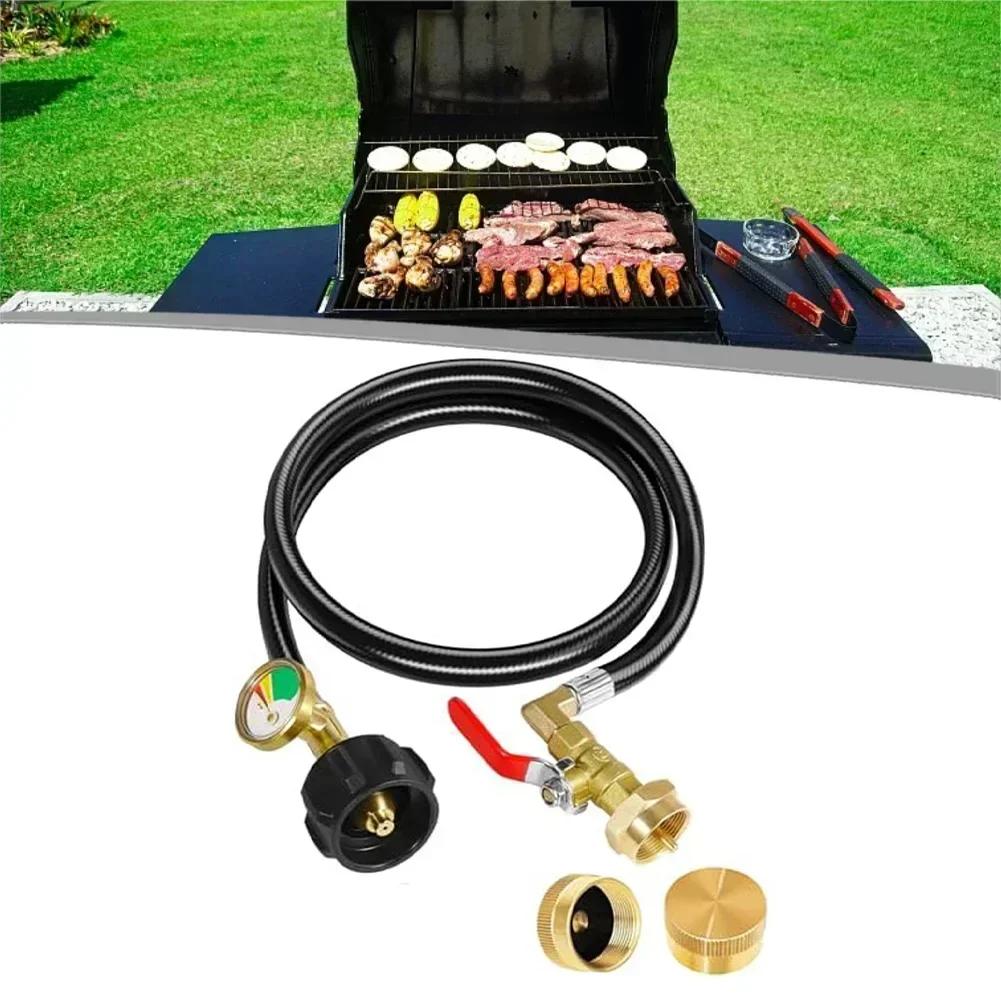 Propane Adapter Hose 3FT with Control Valve and Pressure Gauge for Connecting Large Tanks and 1 lb Bottles Two