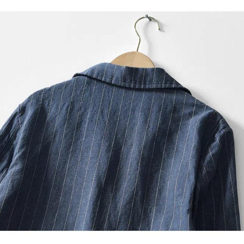 Summer Men's Suits&blazers Japanese Retro Style Stripes Cotton Linen Three Quarter Sleeve Blazer Jacket Slim Fit Casual Jacket