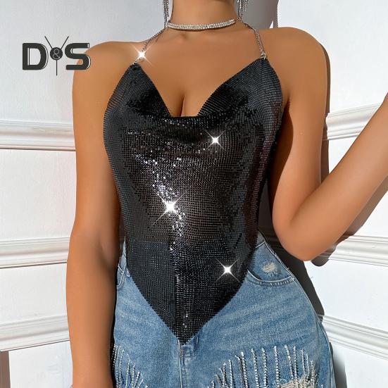 Women Sequin Sling Tops Halter Sleeveless Backless Short Vest with Metal Chain Laces And Swing Collar Sexy Camisole