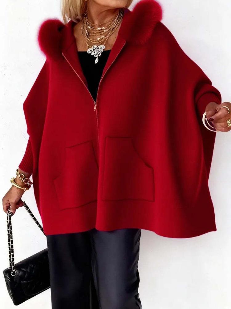 Vibrant Pink Faux Fur Collar Poncho with Zipper Closure and Pockets