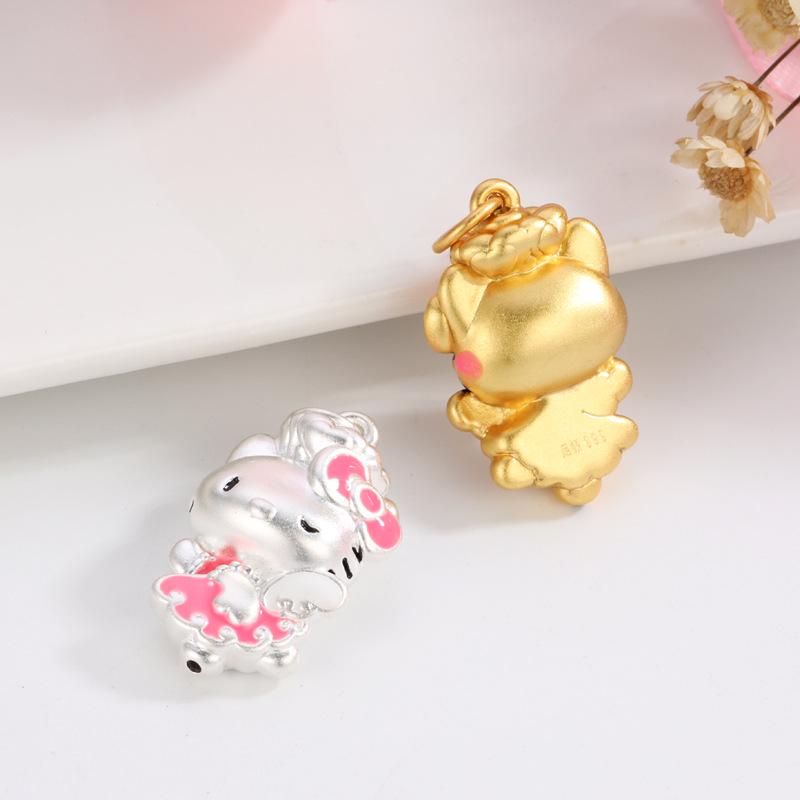 Sterling Silver Hello Kitty 3D Bow Pendant - Dancing Cat Jewelry Accessories