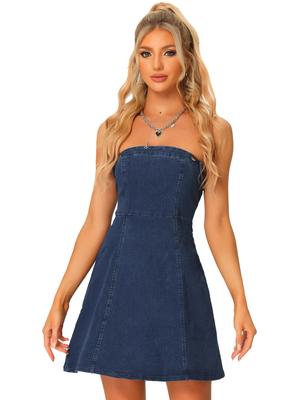 Allegra K Women's Off-the-Shoulder Stapleless Sleeveless Tube Denim Mini Dress, Blue, Size S