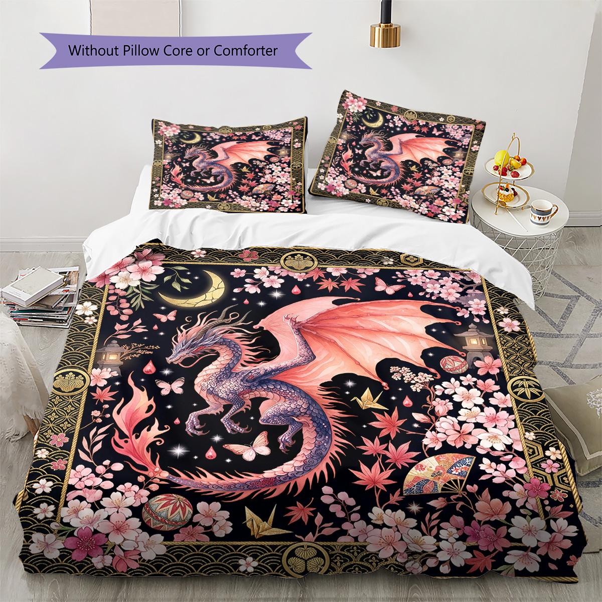 Vintage Floral Dragon Pattern Bedding Set Quilt Cover Pillowcase Home Decor Gift (1 * duvet cover + 2 * pillowcase, without core) 135x200cm