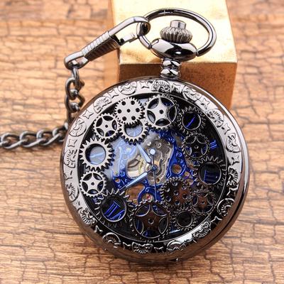 Zegarek kieszonkowy Gear Gun Black z mechanizmem Retro Flip Hollow Necklace Zegarek kieszonkowy dla mężczyzn i kobiet