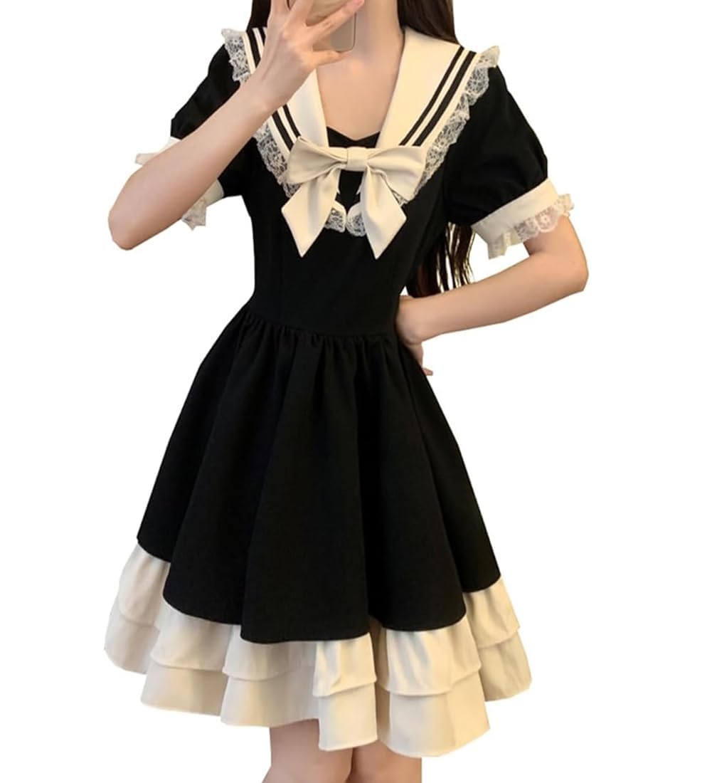 

Платье большого размера с матросским коротким рукавом-буфом и кружевом, в стиле мори-герл, лолита, принцесса, идеально для школьной фотографии [WURHUDC] Женское цельное платье с воротником, рукавами,