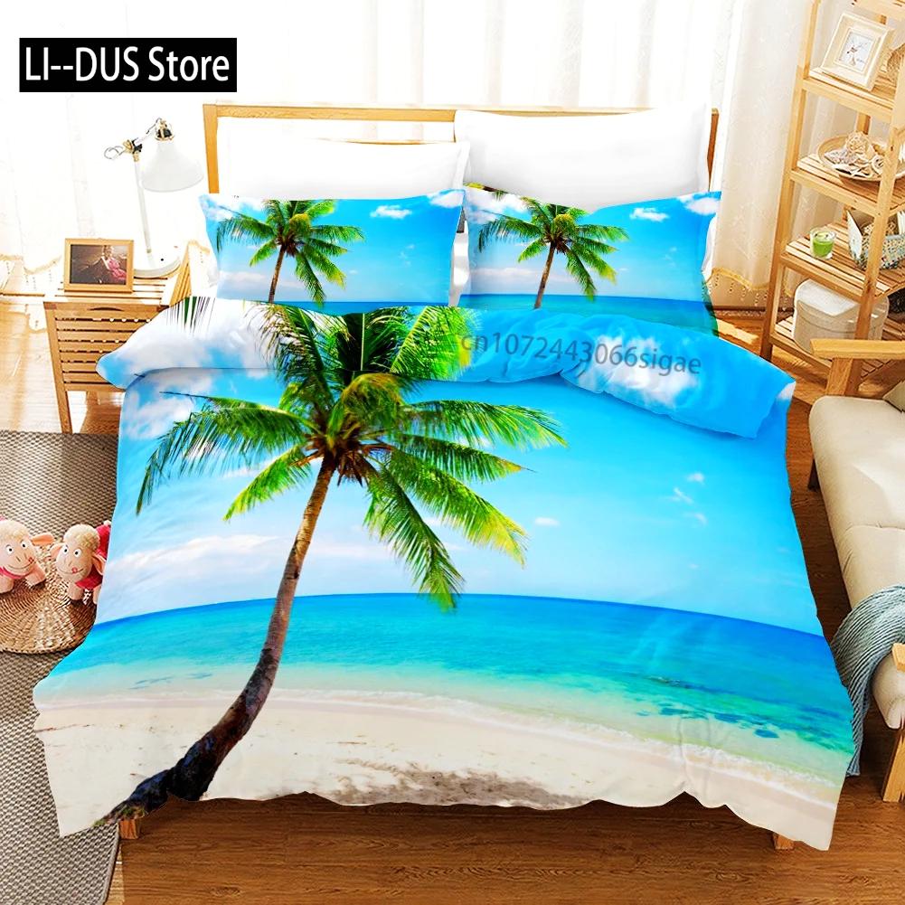 Tropical Duvet Cover Set King Size Microfiber Palm Trees Silhouette Sunset Tropical Beach Coastline Exotic Vacations Bedding Set