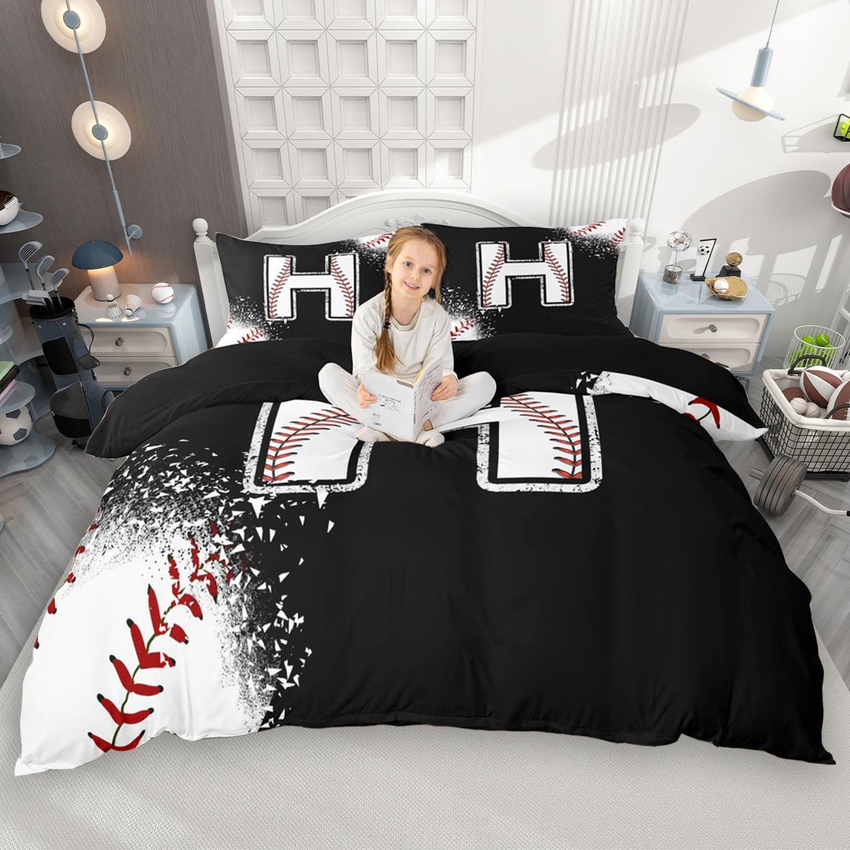 

Homewish Kids Baseball Duvet Cover Set 2Pcs/3Pcs For Boys Girls Black White Bedding Set Black Reversible Quilt Cover Set EU Single(135*200cm)3pcs
