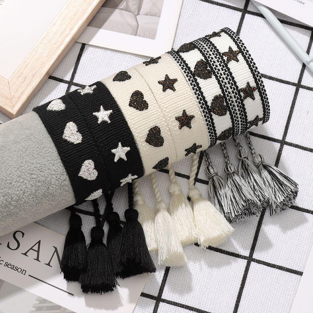 Women's Handwoven Star & Heart Tassel Bracelet with Personalized Embroidery