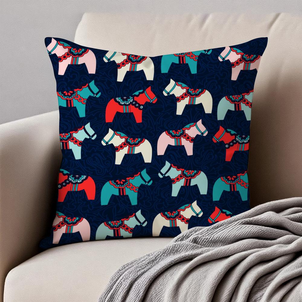 Cute Print Art DDala Horse Cushion Cover Pillowcase Antidustmite Invisible Zipper Short Plush Sofa Cushion