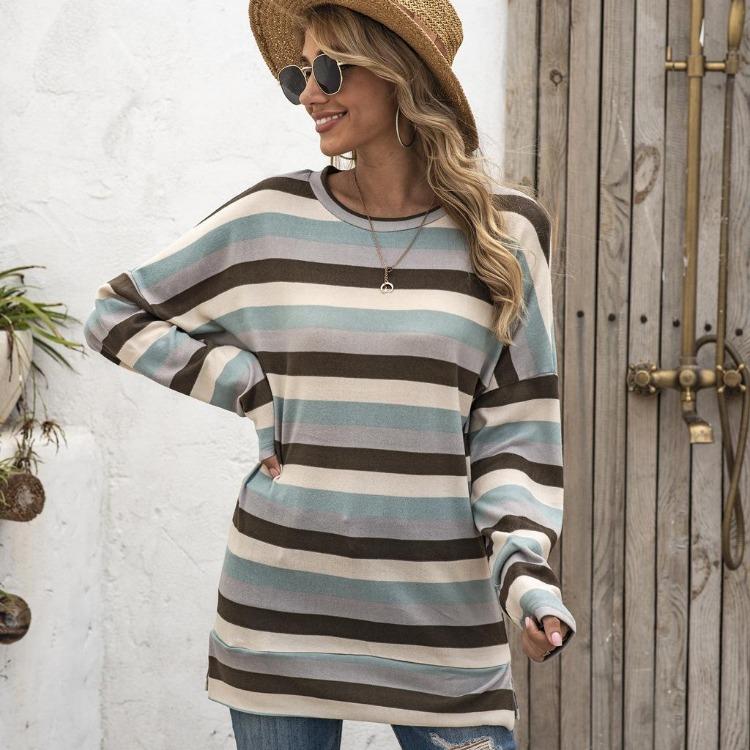 Oversize Women Loose Stripe Sweatshirt Sweater Round Neck Tshirt