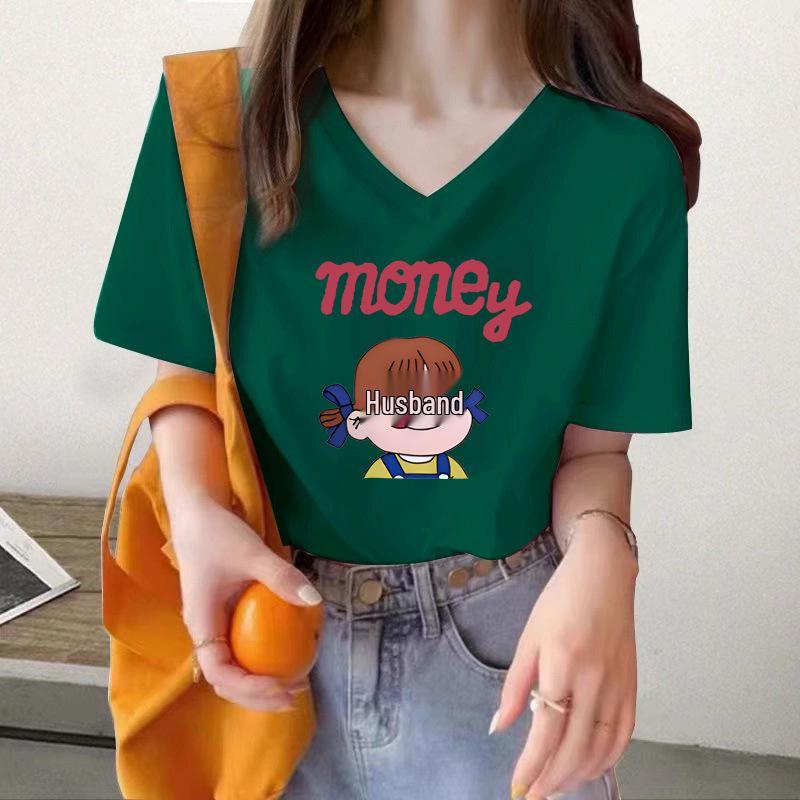 

Женская свободная повседневная футболка с коротким рукавом и круглым вырезом - Милый мультяшный принт, Чистый хлопок, Весна/Лето S