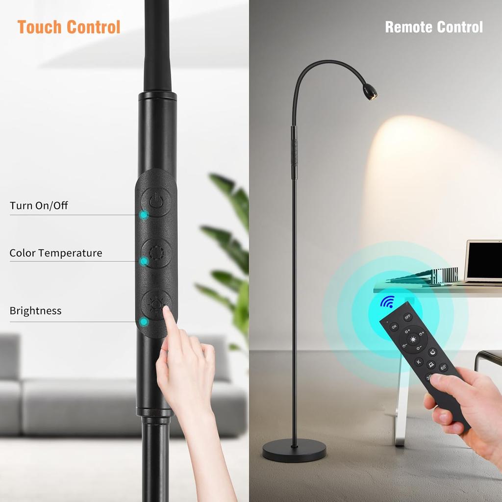 Verstellbare LED-Stehleuchte mit Schwanenhals, dimmbares schwarzes Arbeitslicht mit Fernbedienung & Timer