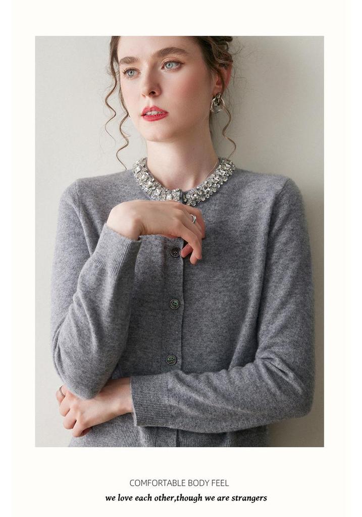 Autumn Winter Wool Knit Cardigan with Beaded Rhinestone Embellishments