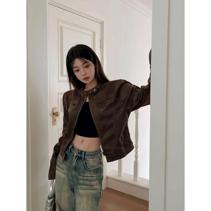 Американская ретро-куртка из потертой PU-кожи, короткая, кофейного цвета, с воротником-стойкой - Поступление Весна 2026 для модных девушек Extra Large