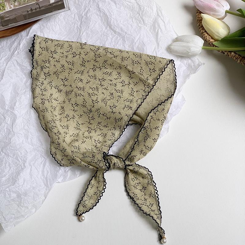 Triangle Scarf Scarf Female Retro Literary Floral Cotton and Linen Neck Protector Decorative Pearl Small Pendant Small Scarf Headband