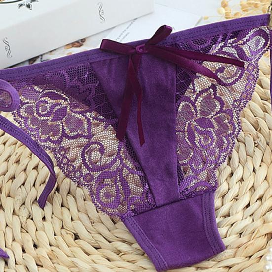 Women Thong Floral Embroidery Hollow Out Bow Decor See-through Lace Briefs Low Waist Elastic Wedding Night Bedroom Lady Underpants