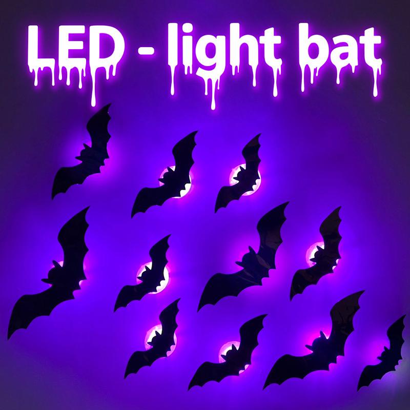 12pcs Halloween New Night Light Bat PET Stereoscopic Bat Festival Party Decoration LED Night Light Wall Decal