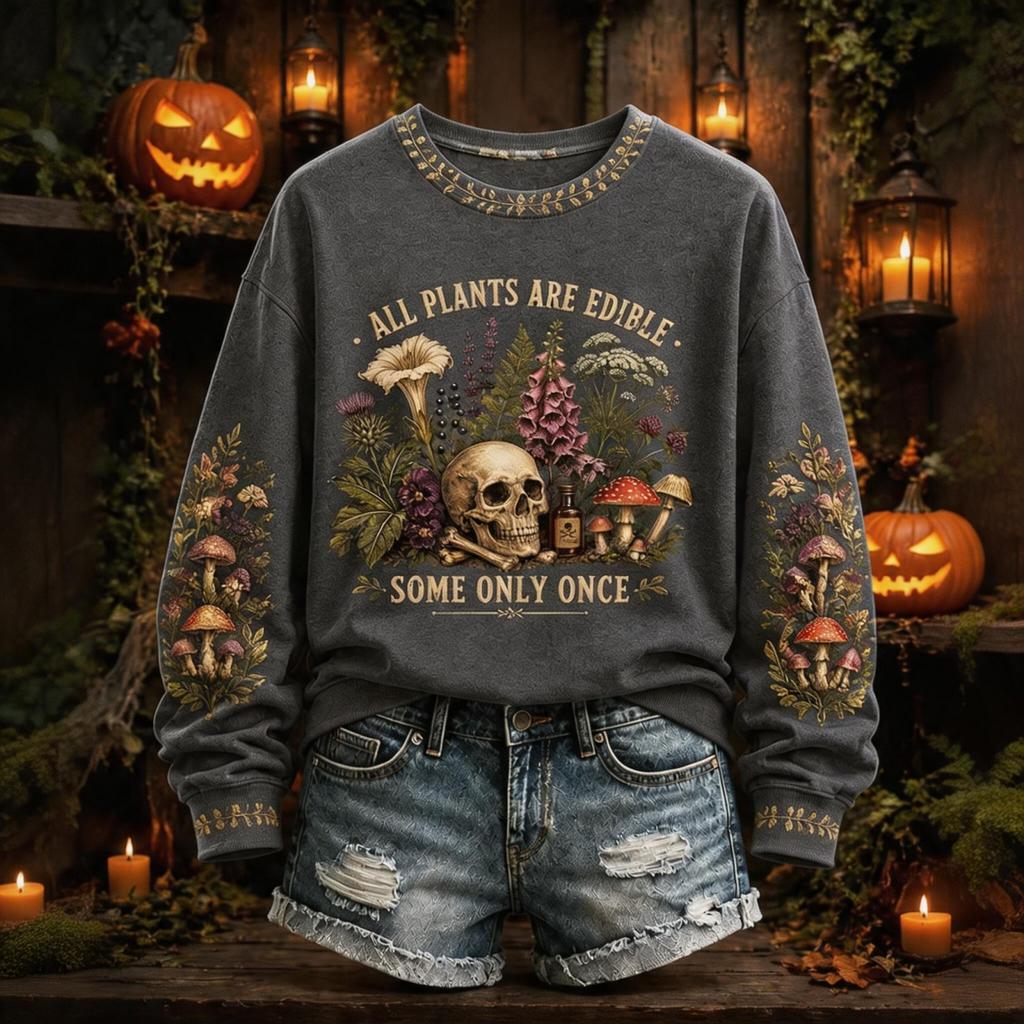Women's Halloween Printed Pullover Top with Neck and Long Sleeves for Casual Fall Wear