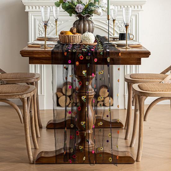 Květinová výšivka Běhoun na stůl Vyšívaný květinový tylový běhoun na stůl Jarní letní běhoun na stůl