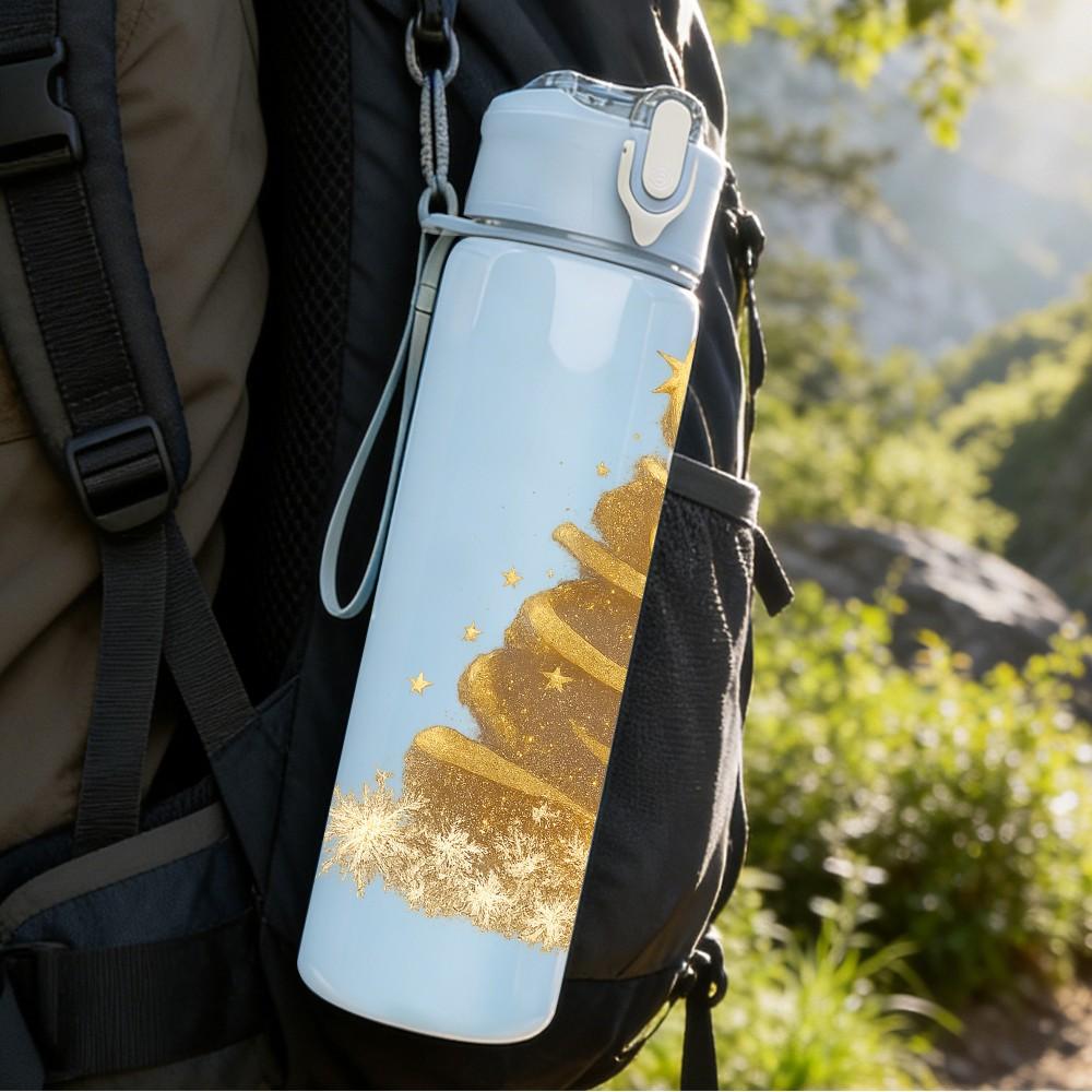 1PC Golden Glitter Christmas Tree Print 750ml Color Plastic Sports Water Bottle Leakproof Flip Straw Lid Suitable for Sports Office Home Use