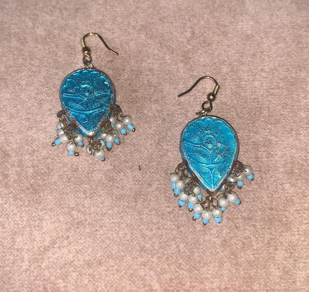 Blue Kundan Drop Earrings with White Beads | Traditional Indian Lacquer Jewelry