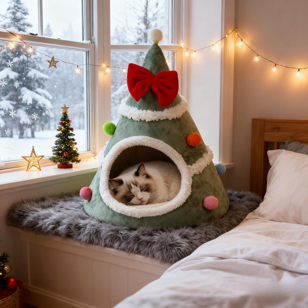 Christmas Tree Cat Bed-Plush Warm Indoor Cat House Tent with Removable Pillow, Decorative Pet Furniture,Dog Bed for Small Dog