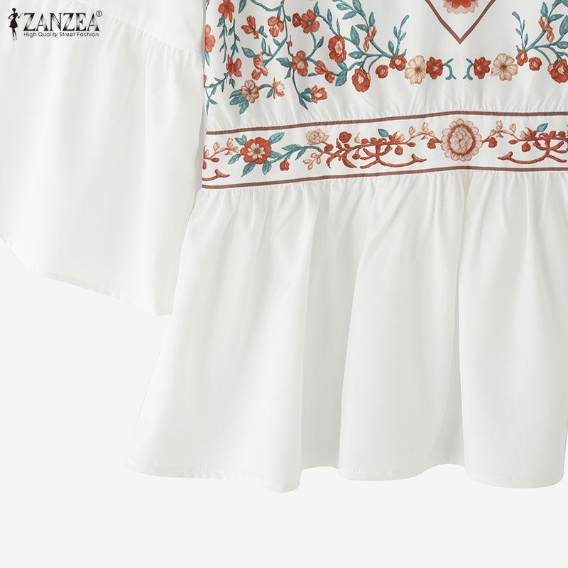 ZANZEA Damen Rundhals Blumenmuster Locker 3/4 Ärmel Rüschen Bluse