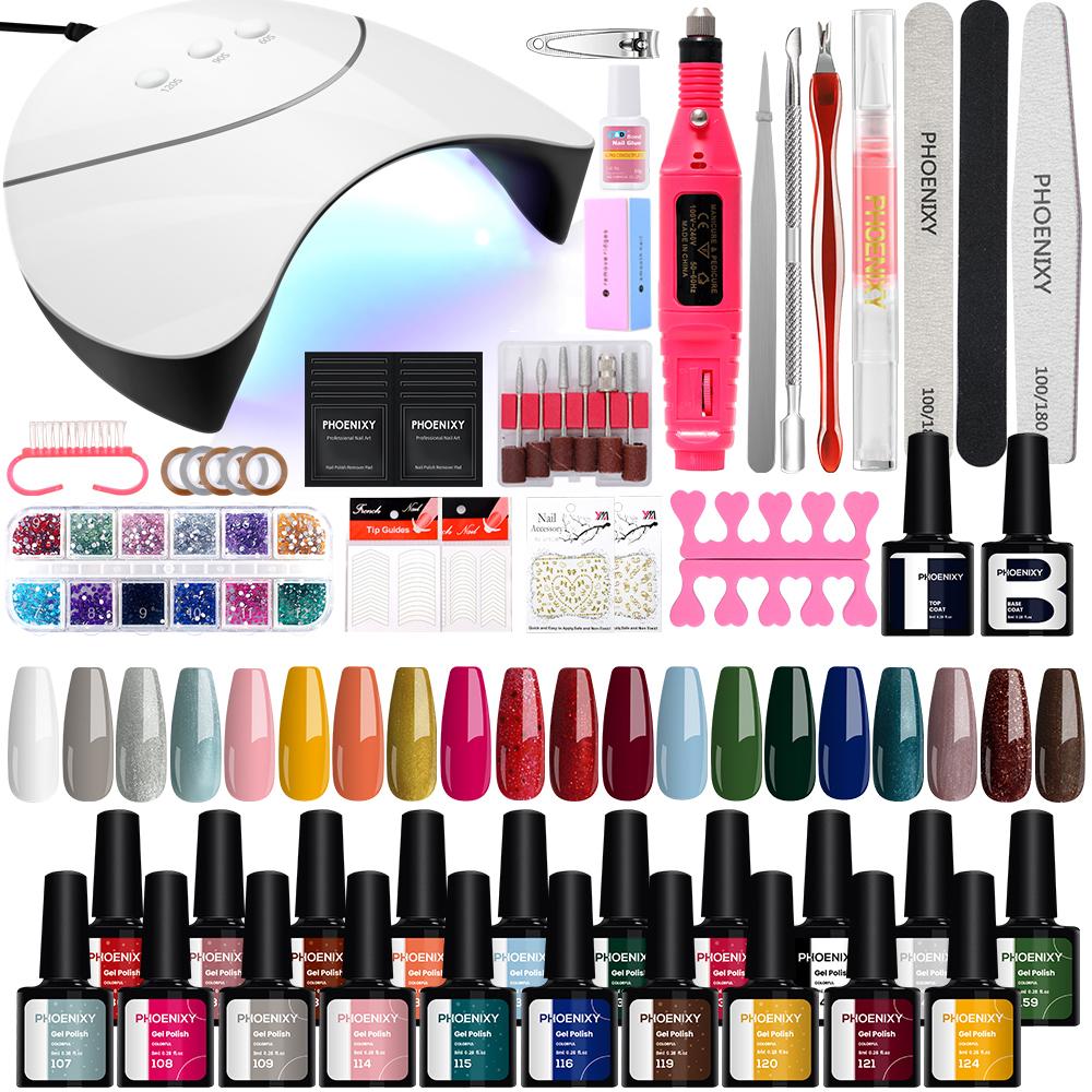 PHOENIXY 20Colors Lak na nehty Sada na manikúru Nehtová vrtačka Lak na nehty s 36W lampou Základní vrchní nátěr Sada Nehtového salonu