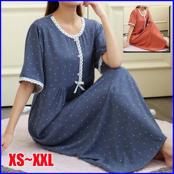 Nouă cămașă de noapte de vară pentru femei, din bumbac, cu mânecă scurtă, cămașă de noapte respirabilă cu buline